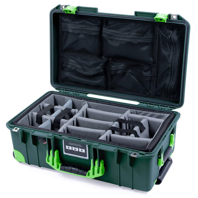 Pelican 1535 Air Case, Trekking Green with Lime Green Handles, Latches & Trolley Gray Padded Microfiber Dividers with Mesh Lid Organizer ColorCase 015350-0170-560-301-300