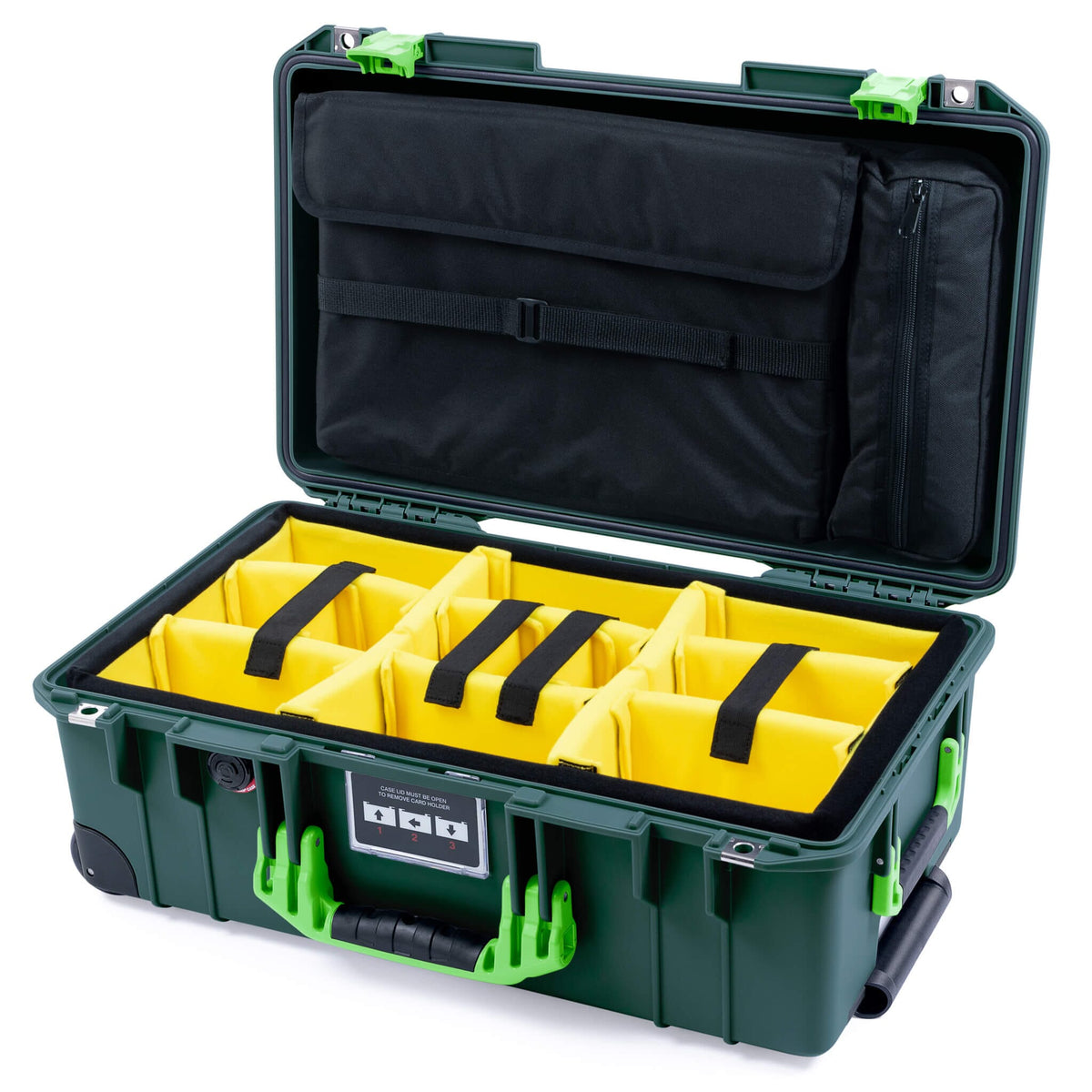 Pelican 1535 Air Case, Trekking Green with Lime Green Handles &amp; Latches Yellow Padded Microfiber Dividers with Computer Pouch ColorCase 015350-0210-560-301