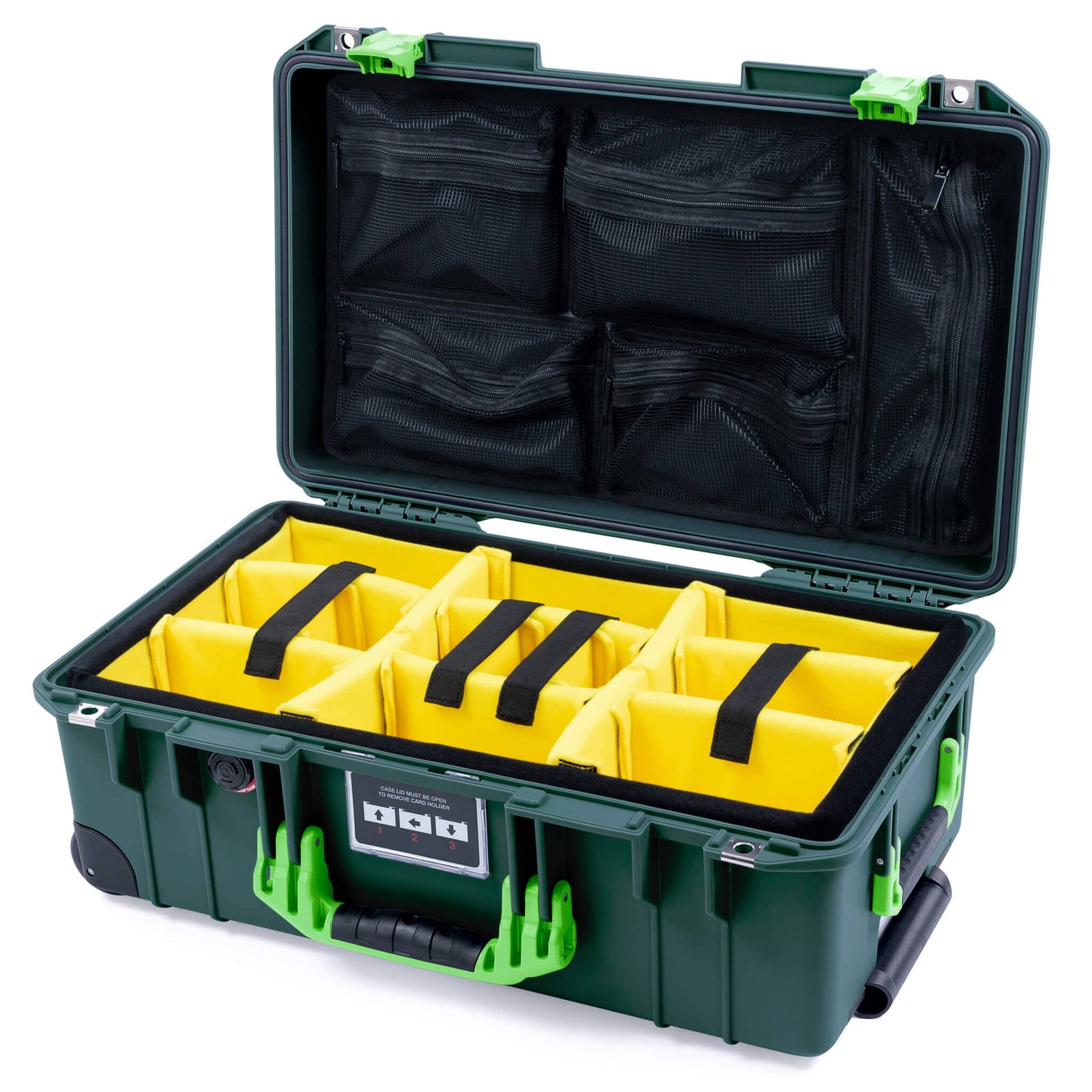 Pelican 1535 Air Carry-on Case - Trekking Green & Lime Green - Yellow Padded Microfiber Dividers / Mesh Lid Organizer