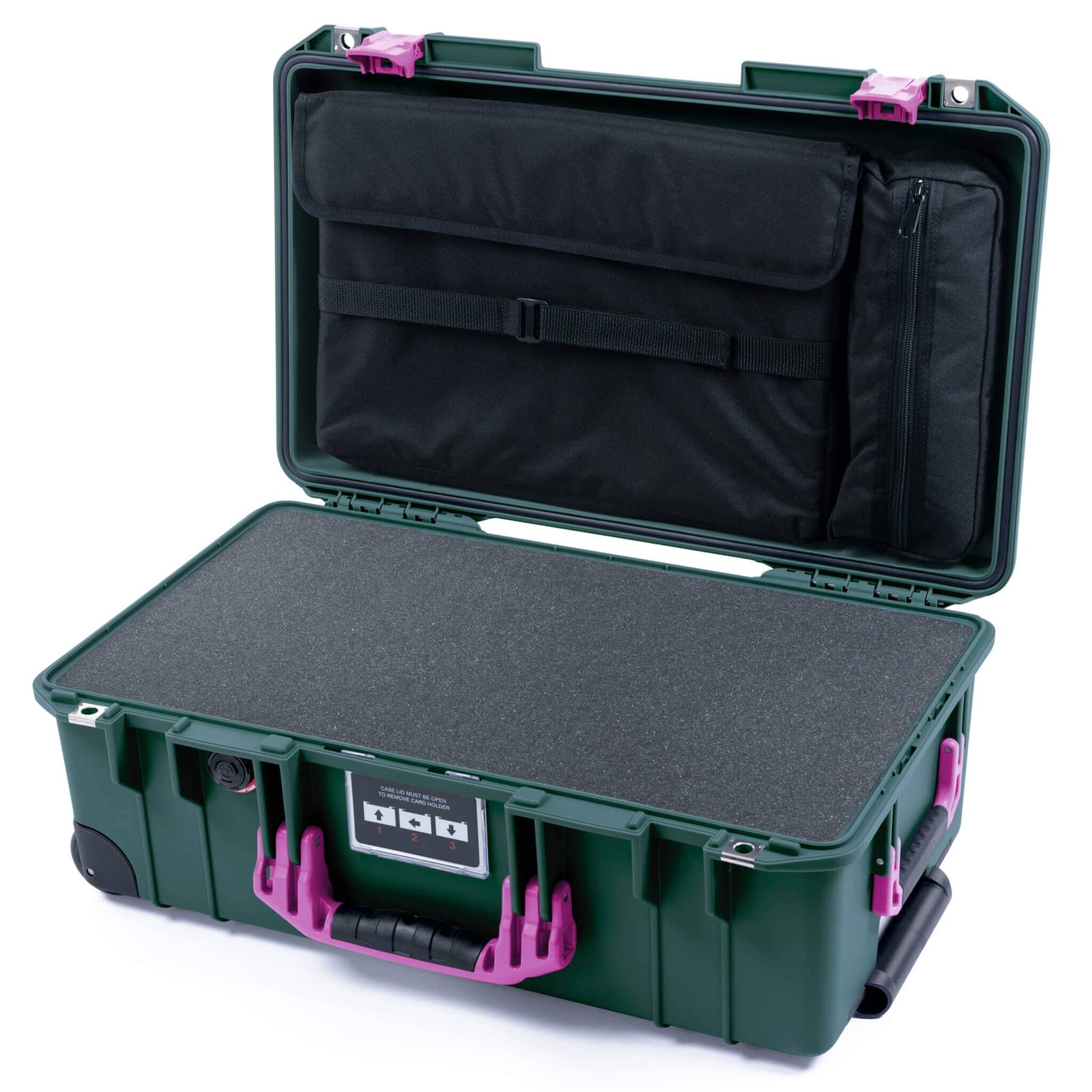 Pelican 1535 Air Case, Trekking Green with Magenta Handles & Latches Pick & Pluck Foam with Laptop Computer Lid Pouch ColorCase 015350-0201-560-401
