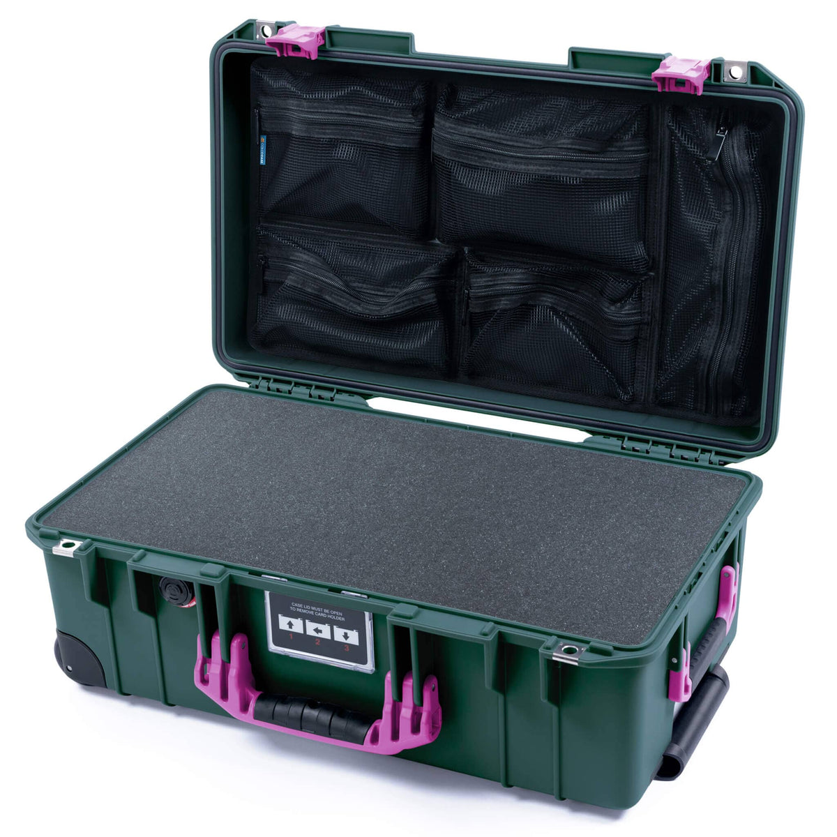 Pelican 1535 Air Case, Trekking Green with Magenta Handles &amp; Latches Pick &amp; Pluck Foam with Mesh Lid Organizer ColorCase 015350-0101-560-401