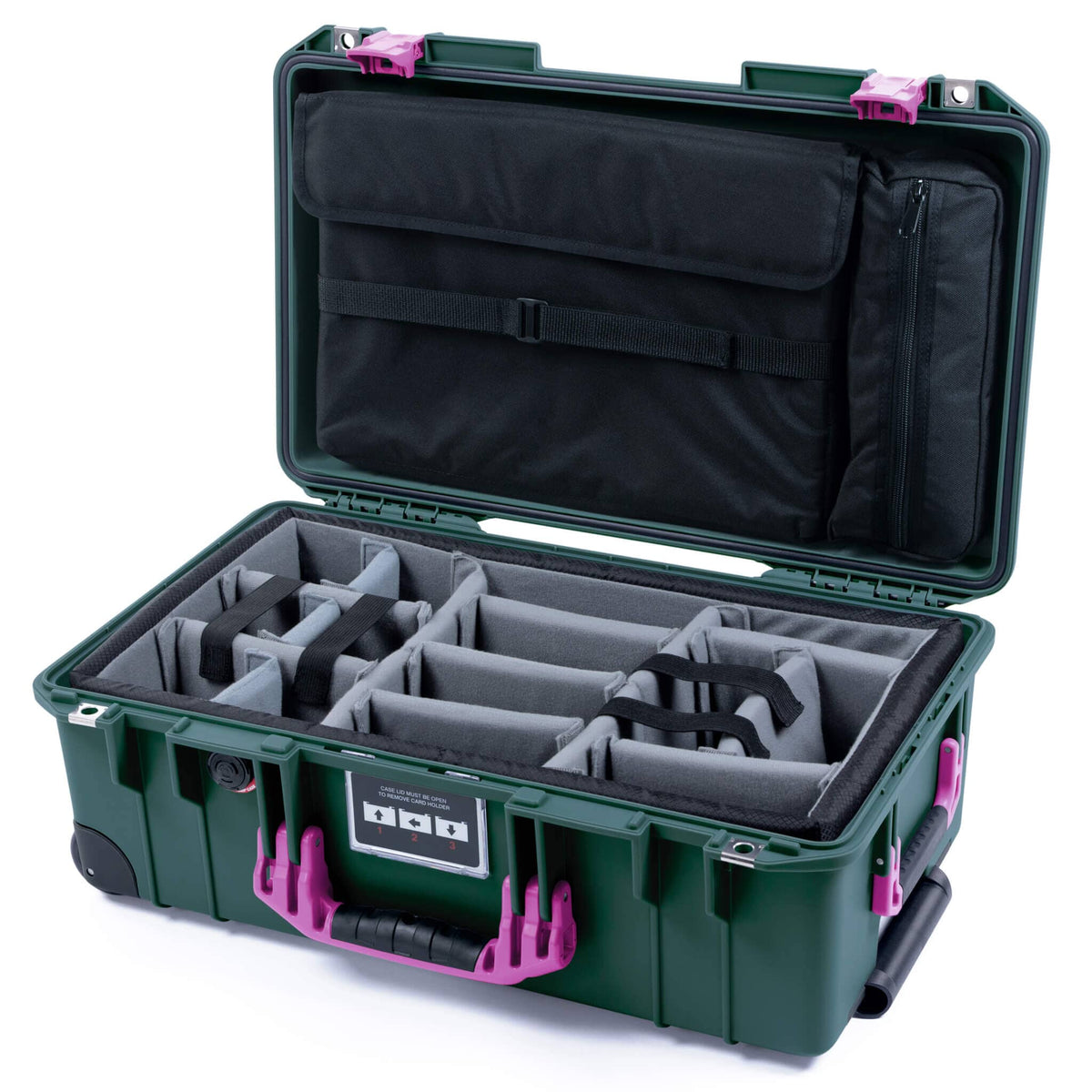 Pelican 1535 Air Case, Trekking Green with Magenta Handles &amp; Latches Gray Padded Microfiber Dividers with Laptop Computer Lid Pouch ColorCase 015350-0270-560-401