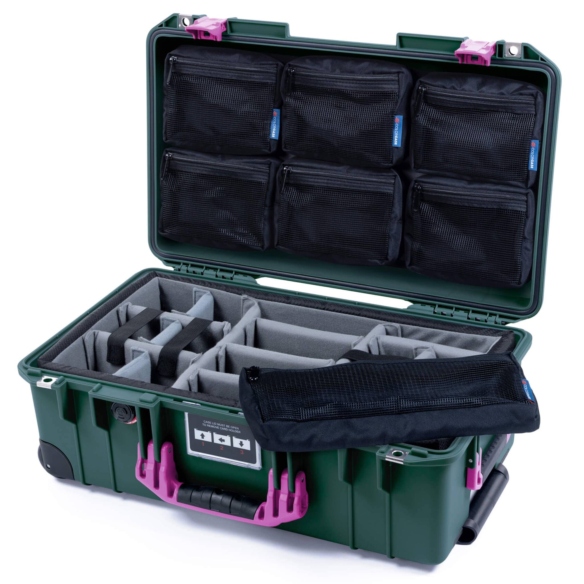 Pelican 1535 Air Case, Trekking Green with Magenta Handles & Latches Gray Padded Microfiber Dividers with 7-Piece Removable Mesh Pouches ColorCase 015350-0770-560-401