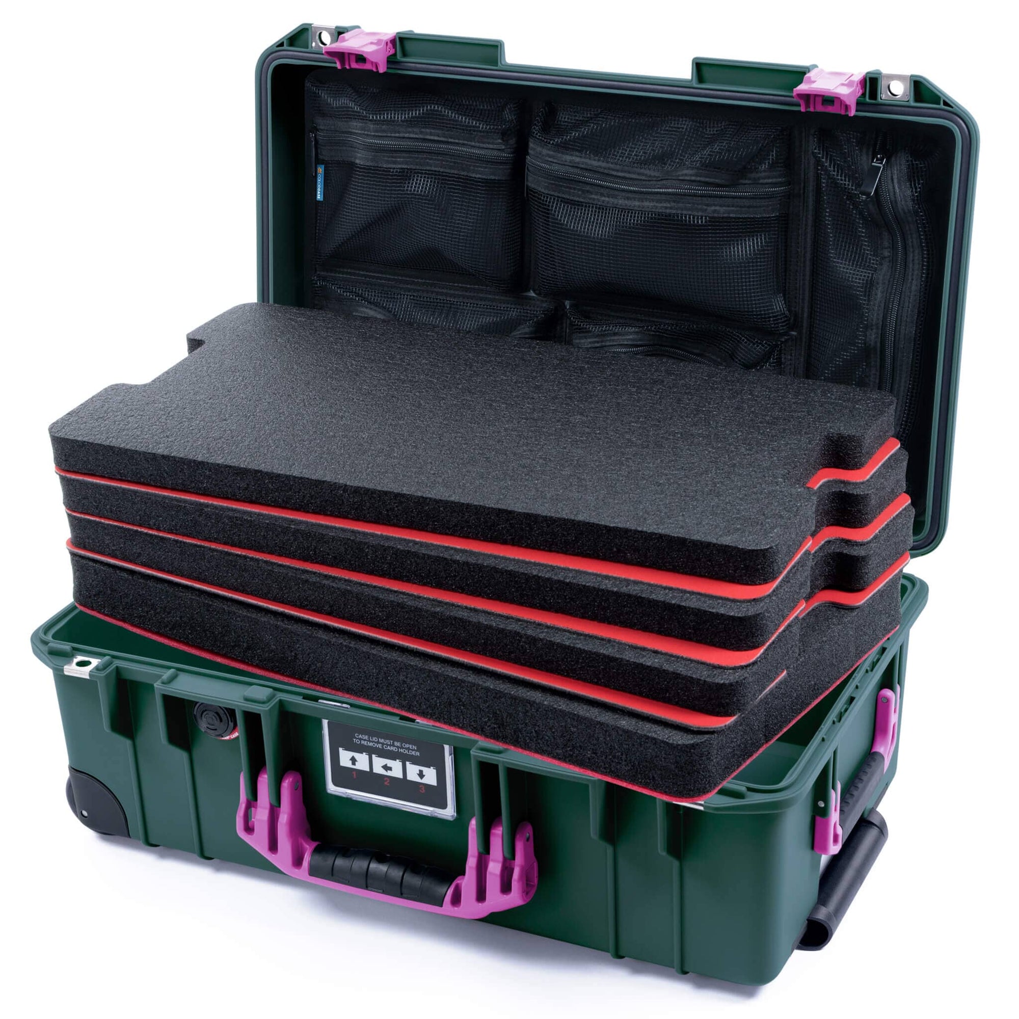 Pelican 1535 Air Case, Trekking Green with Magenta Handles & Latches Custom Tool Kit (4 Foam Inserts with Mesh Lid Organizer) ColorCase 015350-0160-560-401