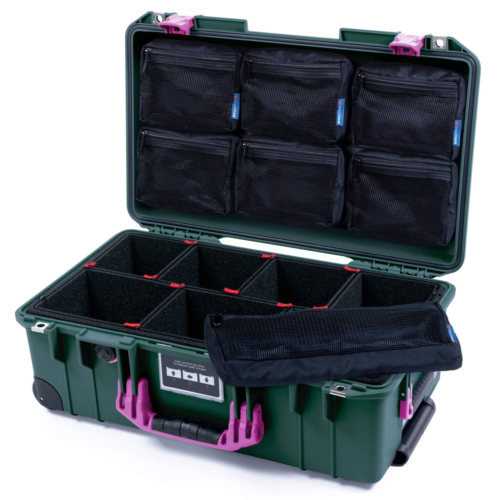 Pelican 1535 Air Case, Trekking Green with Magenta Handles & Latches TrekPak Divider System with 7-Piece Removable Mesh Pouches ColorCase 015350-0720-560-401