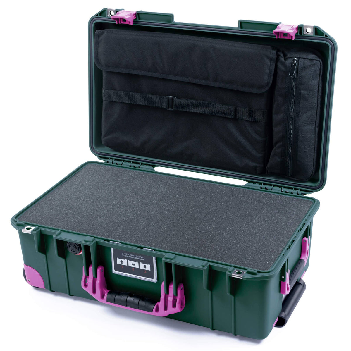 Pelican 1535 Air Case, Trekking Green with Magenta Handles, Latches &amp; Trolley Pick &amp; Pluck Foam with Laptop Computer Lid Pouch ColorCase 015350-0201-560-401-400