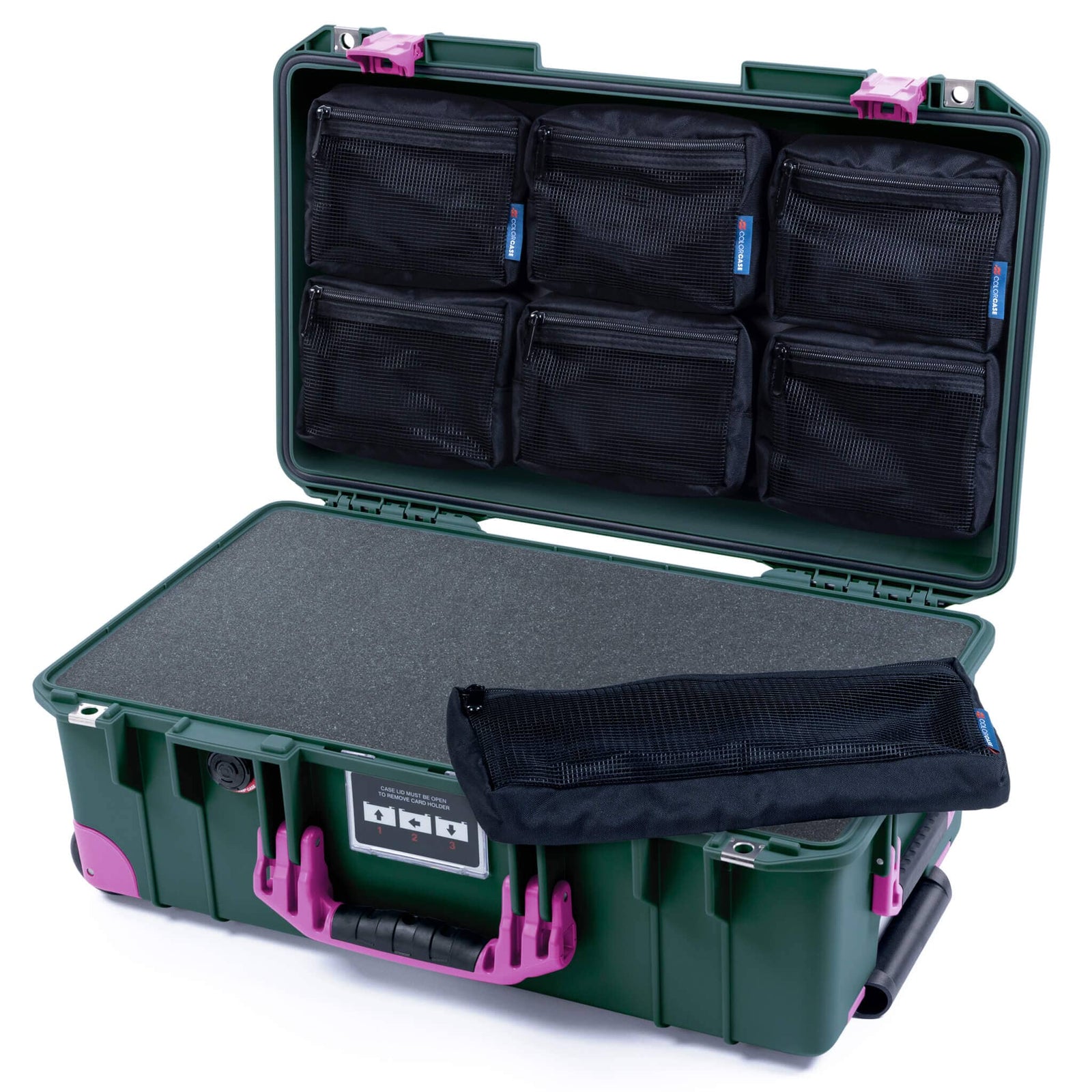Pelican 1535 Air Case, Trekking Green with Magenta Handles, Latches & Trolley Pick & Pluck Foam with 7-Piece Removable Mesh Pouches ColorCase 015350-0701-560-401-400