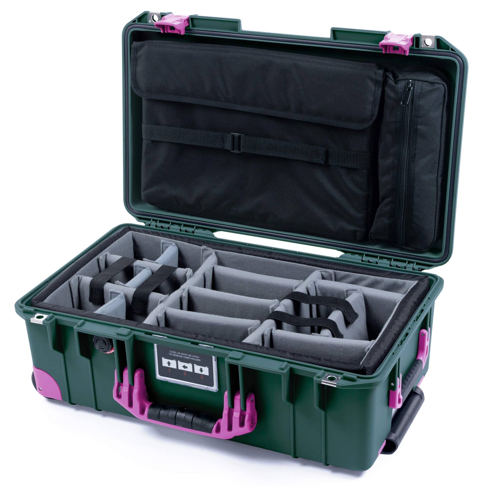 Pelican 1535 Air Case, Trekking Green with Magenta Handles, Latches & Trolley Gray Padded Microfiber Dividers with Laptop Computer Lid Pouch ColorCase 015350-0270-560-401-400