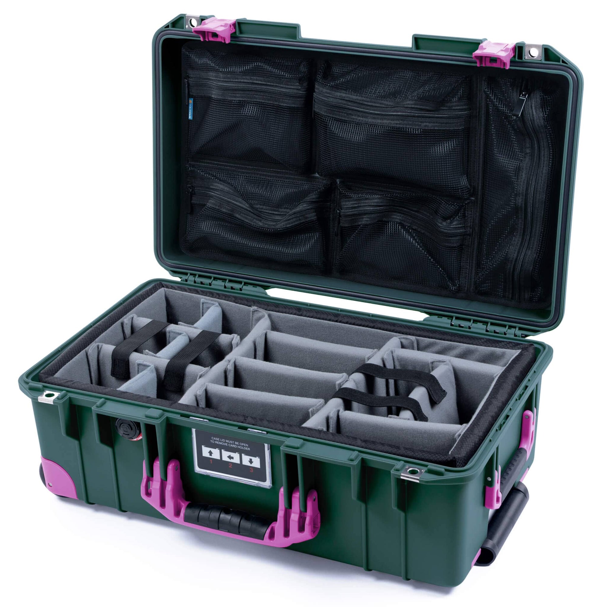 Pelican 1535 Air Case, Trekking Green with Magenta Handles, Latches & Trolley Gray Padded Microfiber Dividers with Mesh Lid Organizer ColorCase 015350-0170-560-401-400