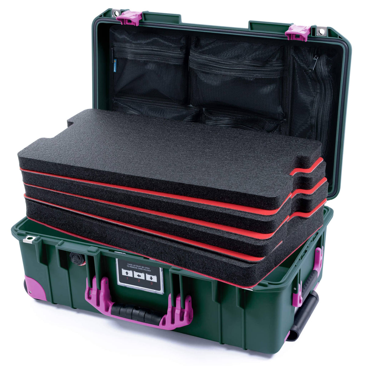 Pelican 1535 Air Case, Trekking Green with Magenta Handles, Latches &amp; Trolley Custom Tool Kit (4 Foam Inserts with Mesh Lid Organizer) ColorCase 015350-0160-560-401-400