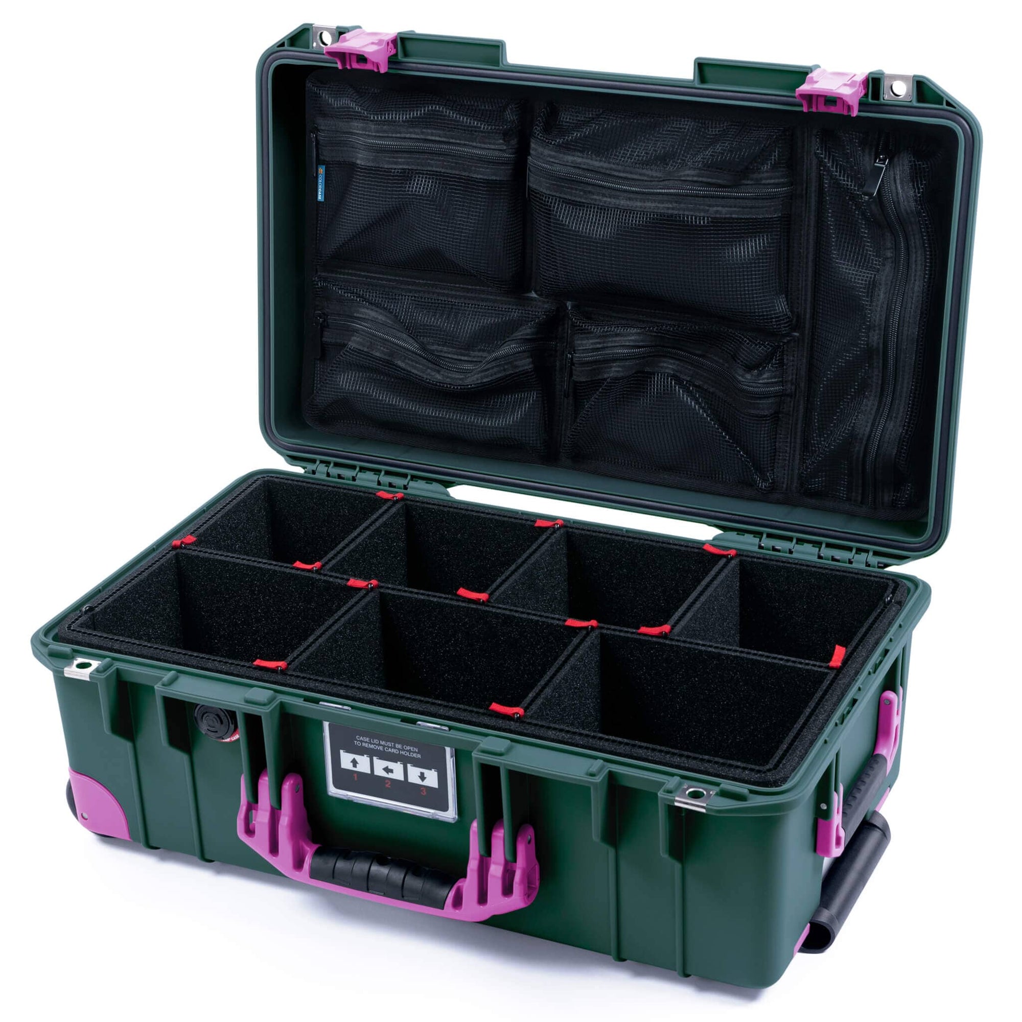 Pelican 1535 Air Case, Trekking Green with Magenta Handles, Latches & Trolley TrekPak Divider System with Mesh Lid Organizer ColorCase 015350-0120-560-401-400
