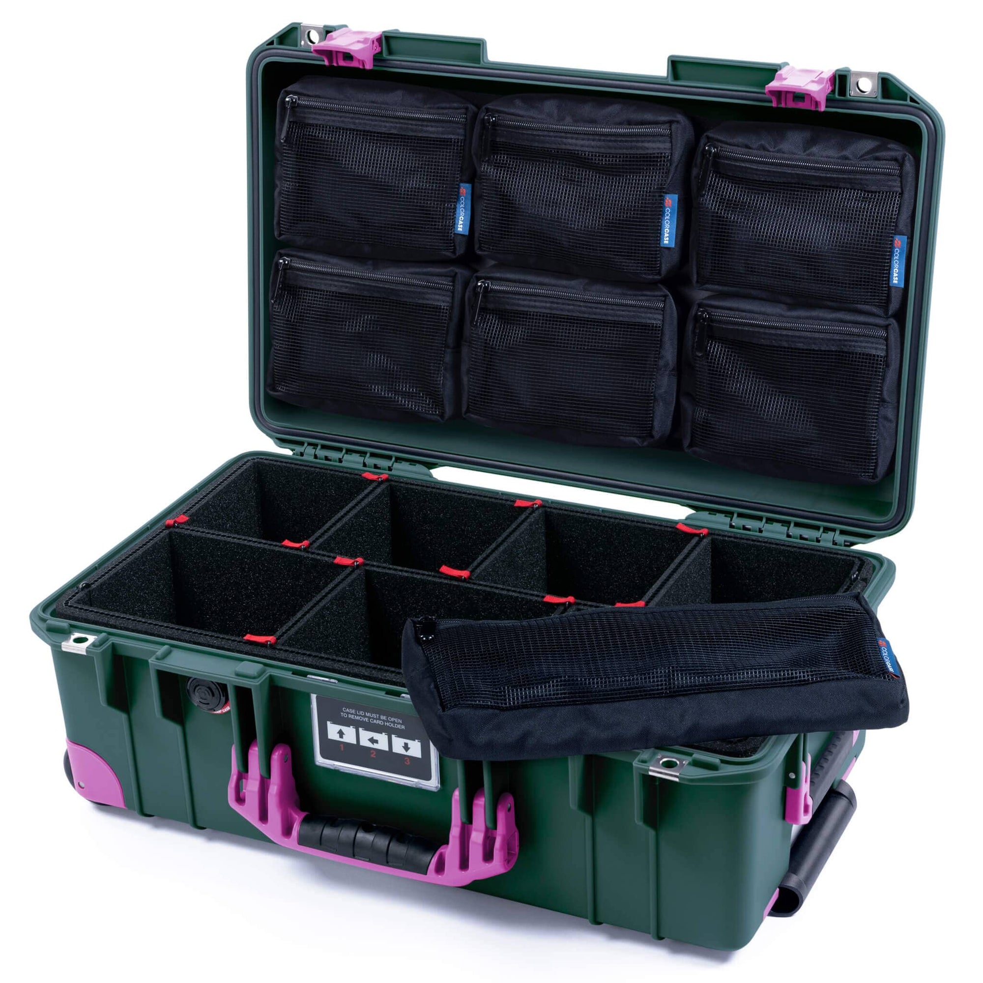 Pelican 1535 Air Case, Trekking Green with Magenta Handles, Latches & Trolley TrekPak Divider System with 7-Piece Removable Mesh Pouches ColorCase 015350-0720-560-401-400