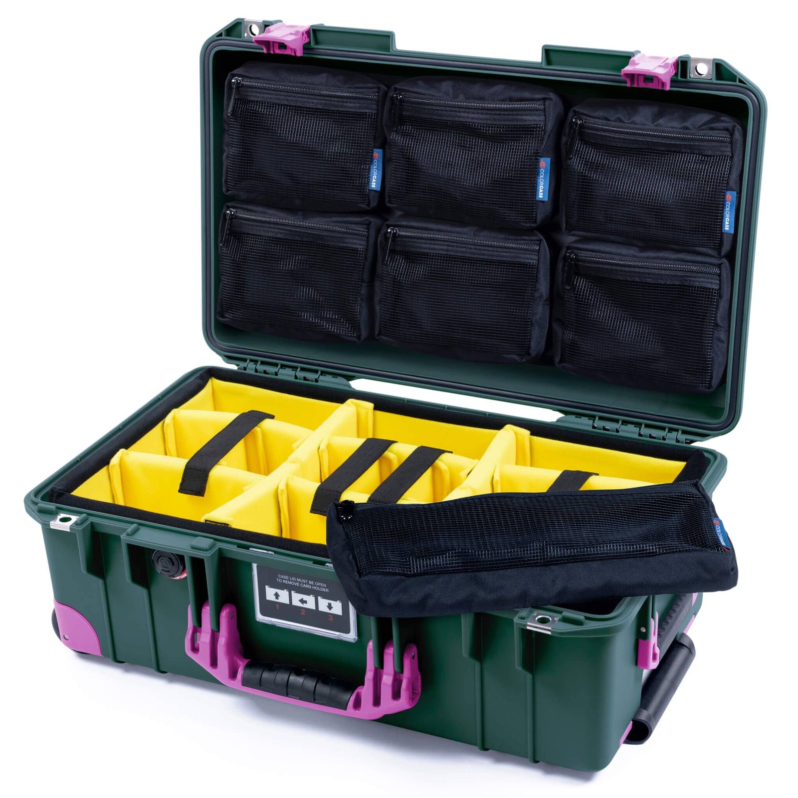 Pelican 1535 Air Carry - on Case - Trekking Green & Magenta Trolley - Yellow Padded Microfiber Dividers / 7 - Piece Removable Mesh Pouches