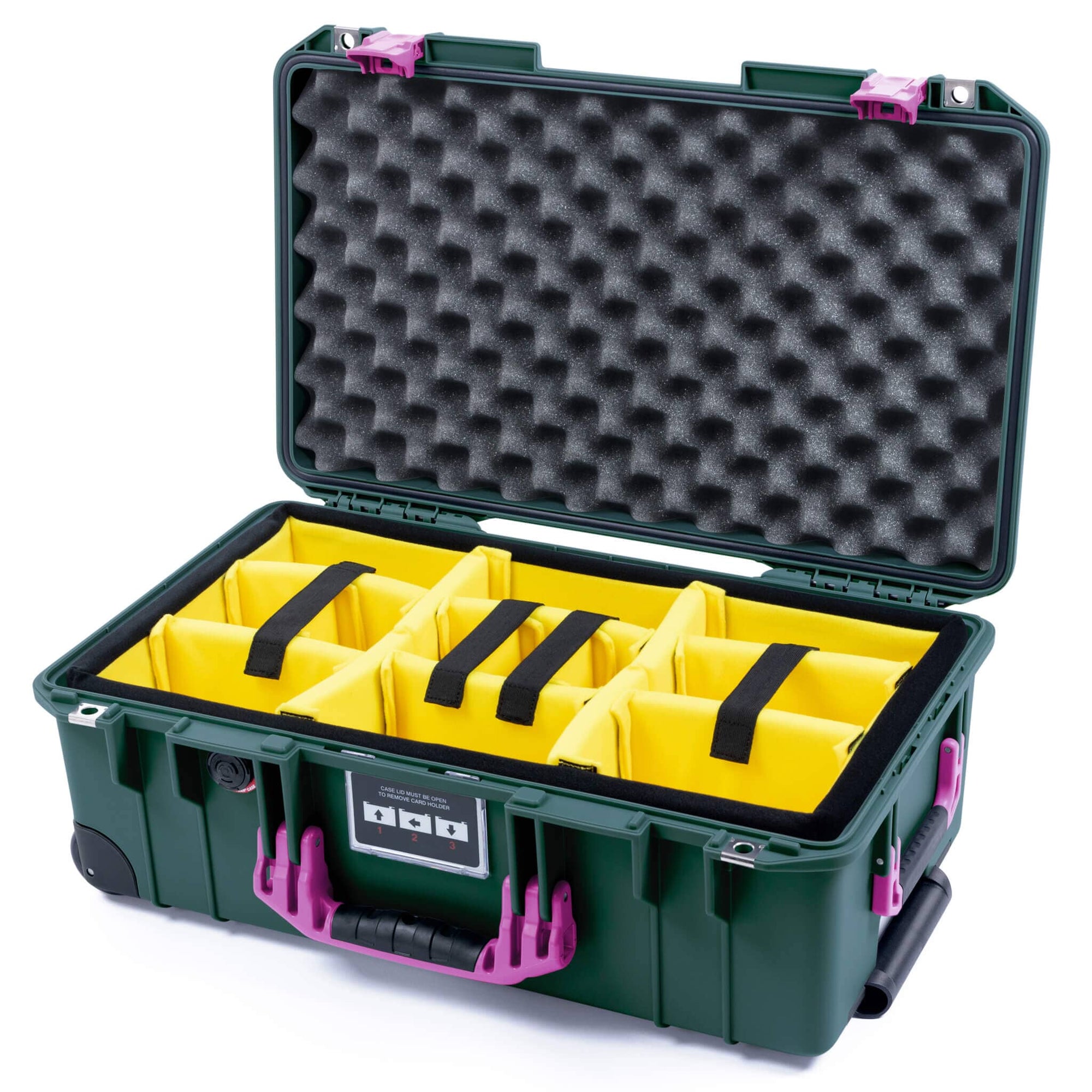 Pelican 1535 Air Case, Trekking Green with Magenta Handles & Latches Yellow Padded Microfiber Dividers with Convoluted Lid Foam ColorCase 015350-0010-560-401