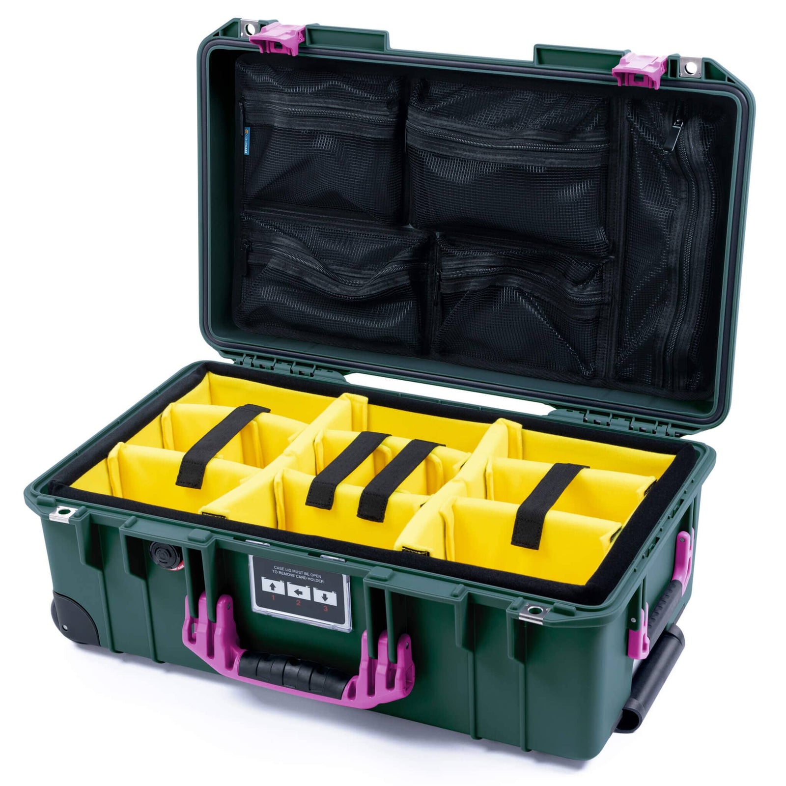 Pelican 1535 Air Carry-on Case - Trekking Green & Magenta - Yellow Padded Microfiber Dividers / Mesh Lid Organizer