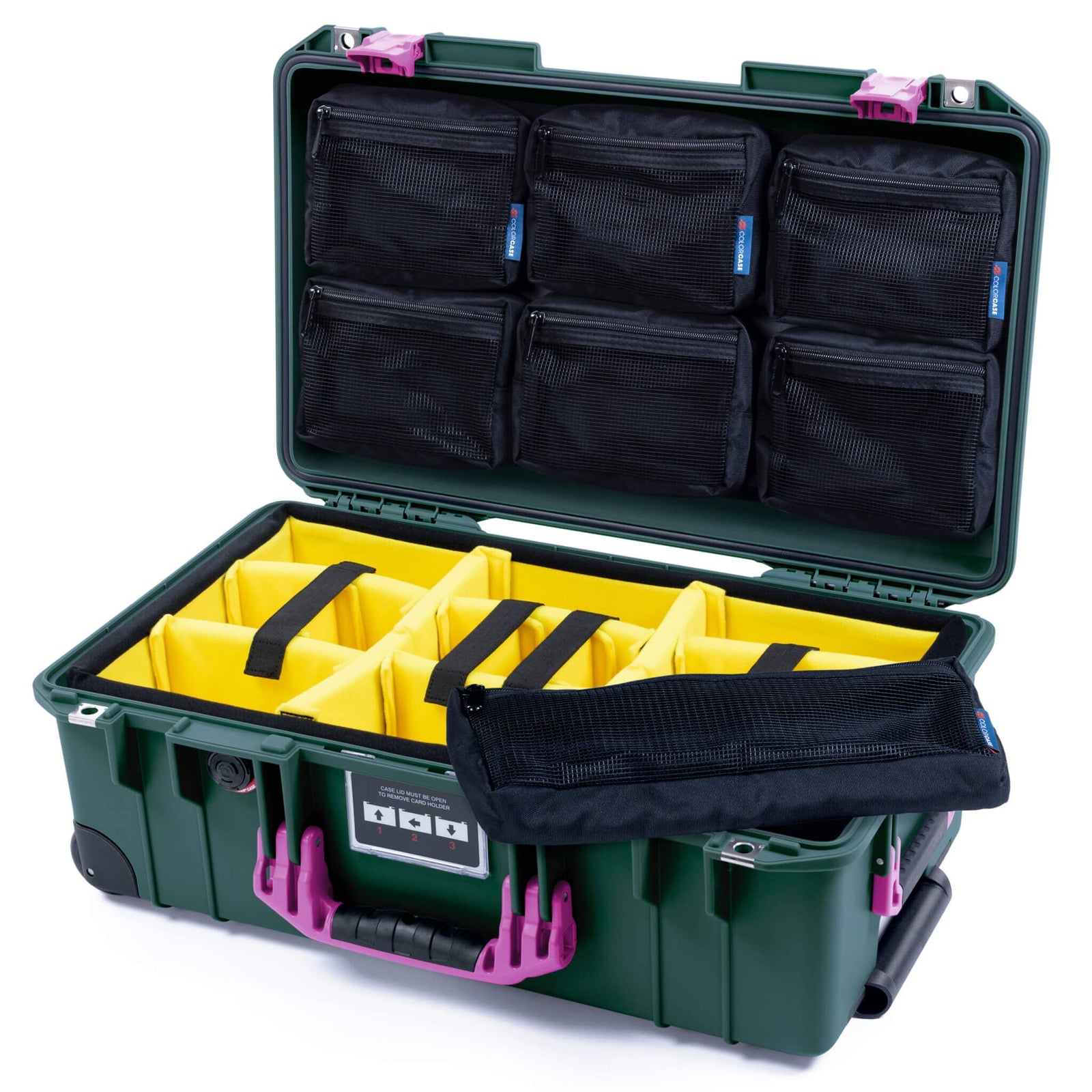 Pelican 1535 Air Case, Trekking Green with Magenta Handles & Latches Yellow Padded Microfiber Dividers with 7-Piece Removable Mesh Pouches ColorCase 015350-0710-560-401