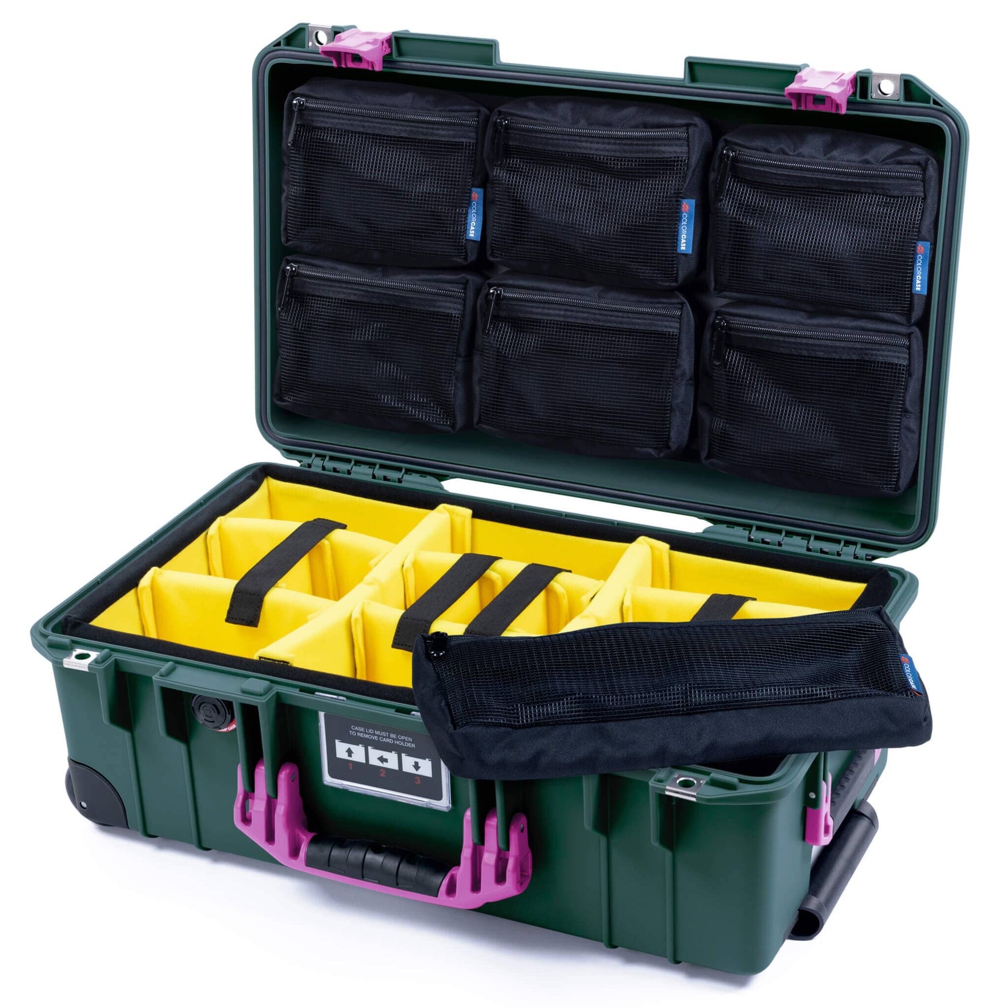 Pelican 1535 Air Case, Trekking Green with Magenta Handles & Latches Yellow Padded Microfiber Dividers with 7-Piece Removable Mesh Pouches ColorCase 015350-0710-560-401