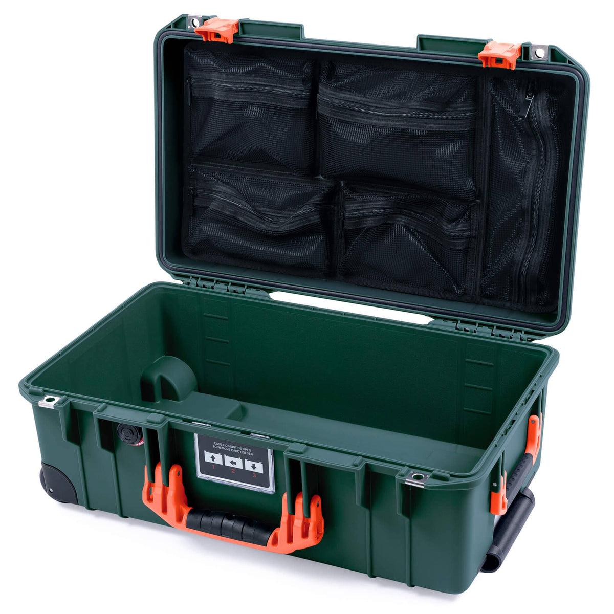 Pelican 1535 Air Case, Trekking Green with Orange Handles &amp; Push-Button Latches Mesh Lid Organizer Only ColorCase 015350-0100-138-150-110