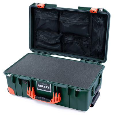 Pelican 1535 Air Case, Trekking Green with Orange Handles, Push-Button Latches & Trolley Pick & Pluck Foam with Mesh Lid Organizer ColorCase 015350-0101-138-150-150
