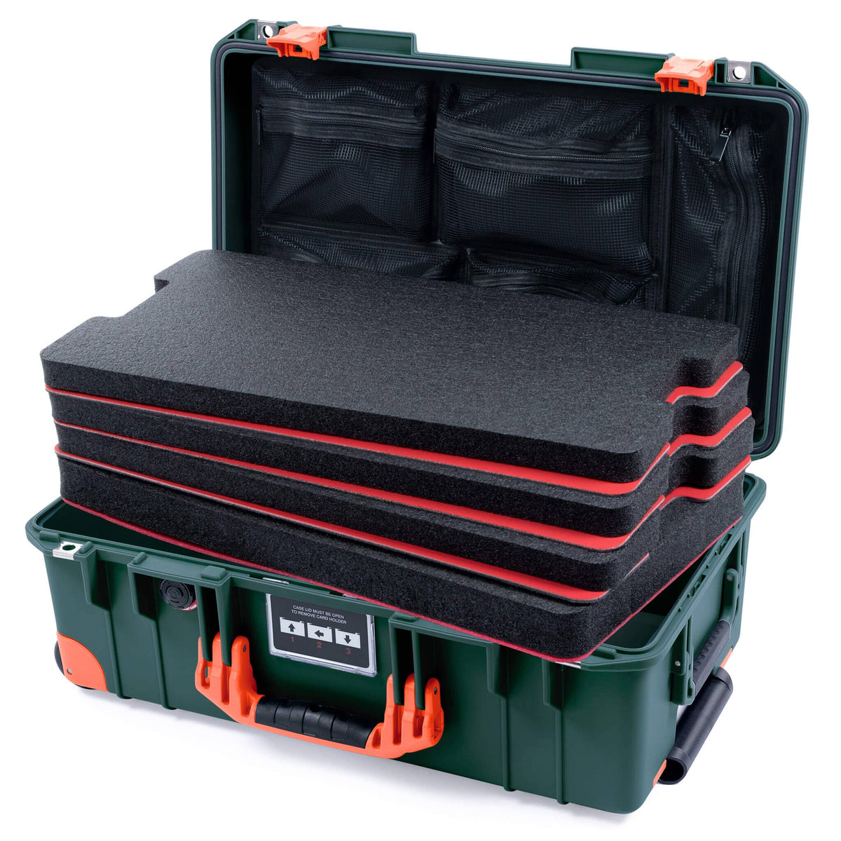 Pelican 1535 Air Case, Trekking Green with Orange Handles, Push-Button Latches &amp; Trolley Custom Tool Kit (4 Foam Inserts with Mesh Lid Organizer) ColorCase 015350-0160-138-150-150