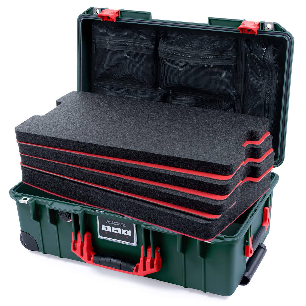 Pelican 1535 Air Case, Trekking Green with Red Handles &amp; Push-Button Latches Custom Tool Kit (4 Foam Inserts with Mesh Lid Organizer) ColorCase 015350-0160-138-320-110