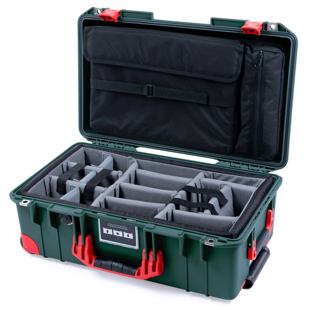 Pelican 1535 Air Case, Trekking Green with Red Handles, Push-Button Latches &amp; Trolley Gray Padded Microfiber Dividers with Computer Pouch ColorCase 015350-0270-138-320-320
