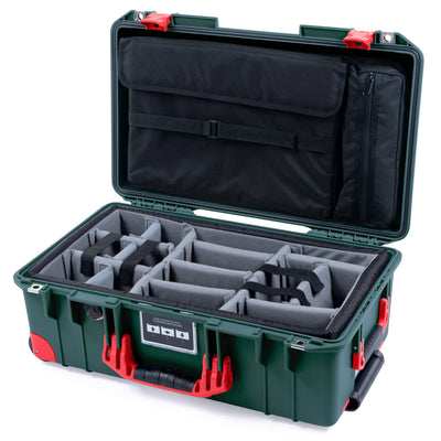 Pelican 1535 Air Case, Trekking Green with Red Handles, Push-Button Latches & Trolley Gray Padded Microfiber Dividers with Computer Pouch ColorCase 015350-0270-138-320-320