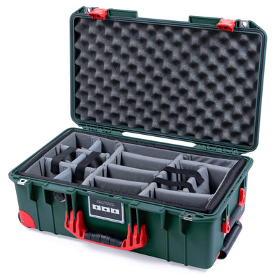 Pelican 1535 Air Case, Trekking Green with Red Handles, Push-Button Latches & Trolley Gray Padded Microfiber Dividers with Convolute Lid Foam ColorCase 015350-0070-138-320-320