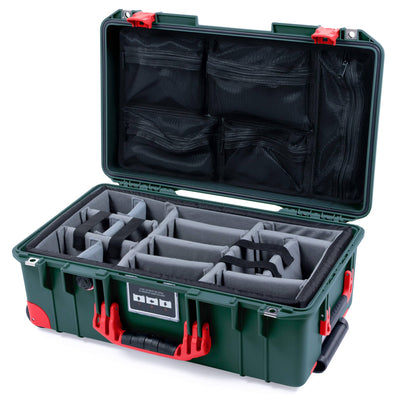 Pelican 1535 Air Case, Trekking Green with Red Handles, Push-Button Latches & Trolley Gray Padded Microfiber Dividers with Mesh Lid Organizer ColorCase 015350-0170-138-320-320
