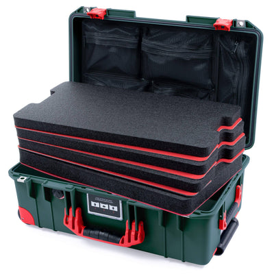Pelican 1535 Air Case, Trekking Green with Red Handles, Push-Button Latches & Trolley Custom Tool Kit (4 Foam Inserts with Mesh Lid Organizer) ColorCase 015350-0160-138-320-320