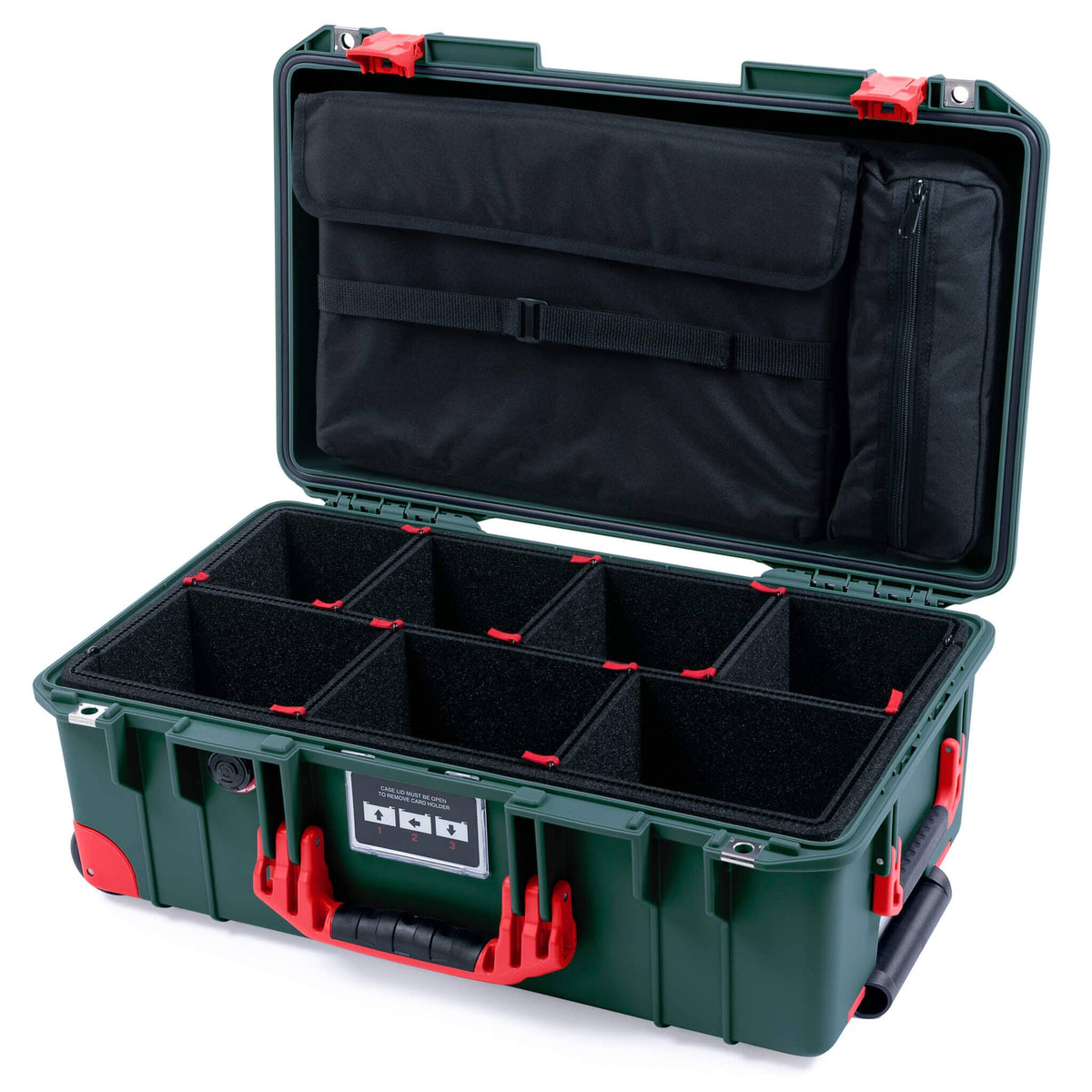 Pelican 1535 Air Case, Trekking Green with Red Handles, Push-Button Latches &amp; Trolley TrekPak Divider System with Computer Pouch ColorCase 015350-0220-138-320-320