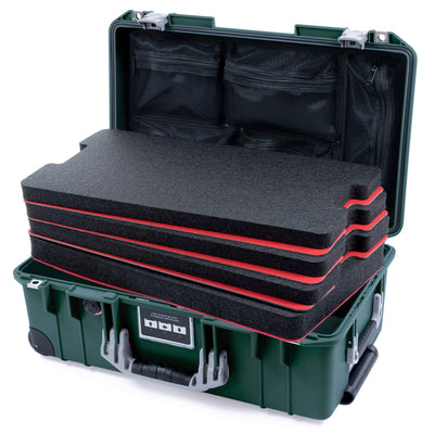 Pelican 1535 Air Case, Trekking Green with Silver Handles & Push-Button Latches Custom Tool Kit (4 Foam Inserts with Mesh Lid Organizer) ColorCase 015350-0160-138-180-110