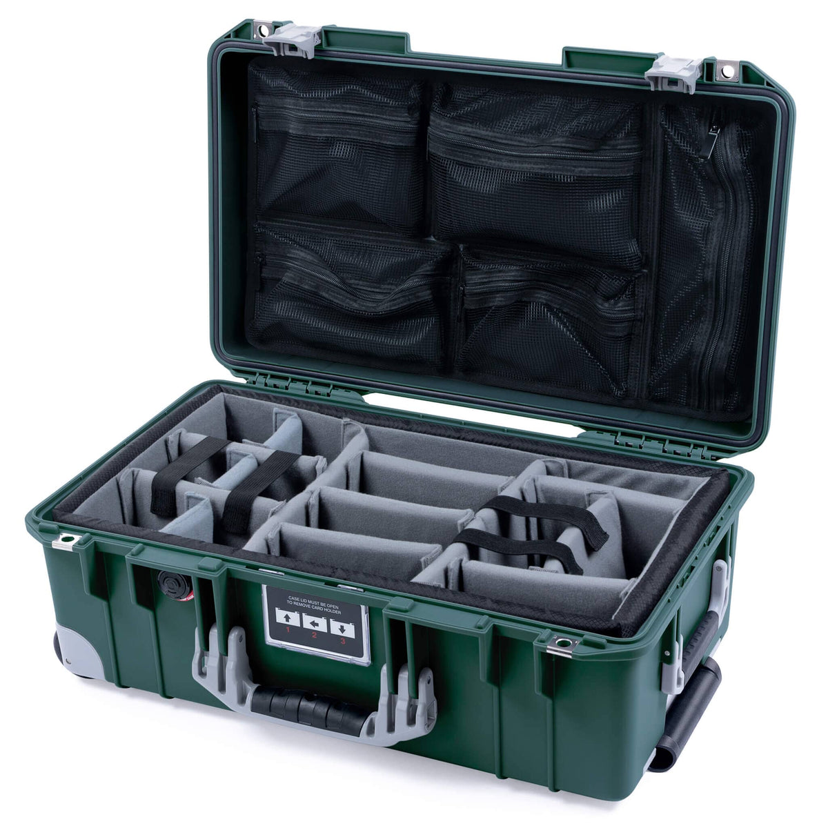 Pelican 1535 Air Case, Trekking Green with Silver Handles, Push-Button Latches &amp; Trolley Gray Padded Microfiber Dividers with Mesh Lid Organizer ColorCase 015350-0170-138-180-180