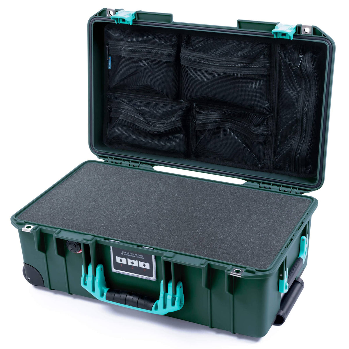 Pelican 1535 Air Case, Trekking Green with Teal Handles &amp; Latches Pick &amp; Pluck Foam with Mesh Lid Organizer ColorCase 015350-0101-550-591
