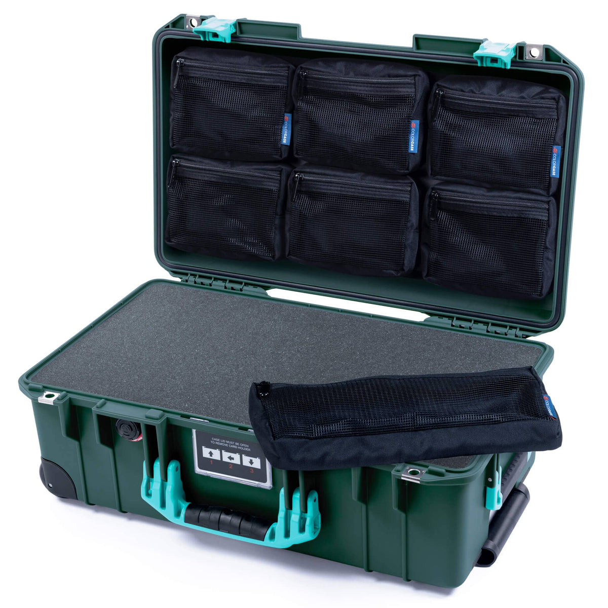 Pelican 1535 Air Case, Trekking Green with Teal Handles &amp; Latches Pick &amp; Pluck Foam with 7-Piece Removable Mesh Pouches ColorCase 015350-0701-550-591