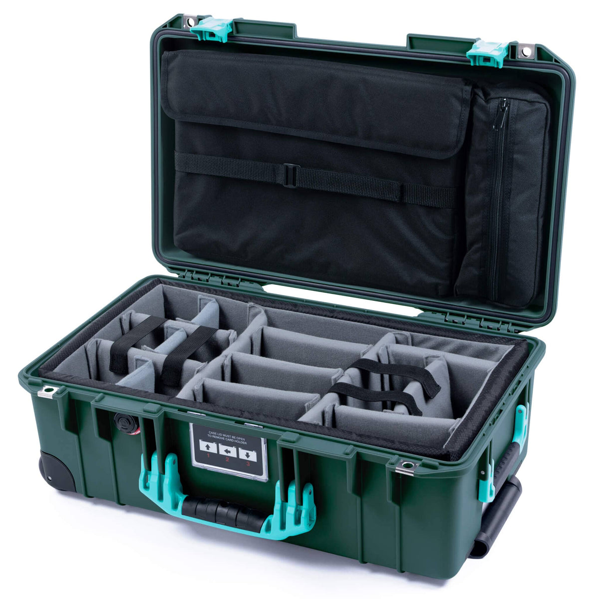 Pelican 1535 Air Case, Trekking Green with Teal Handles &amp; Latches Gray Padded Microfiber Dividers with Laptop Computer Lid Pouch ColorCase 015350-0270-550-591