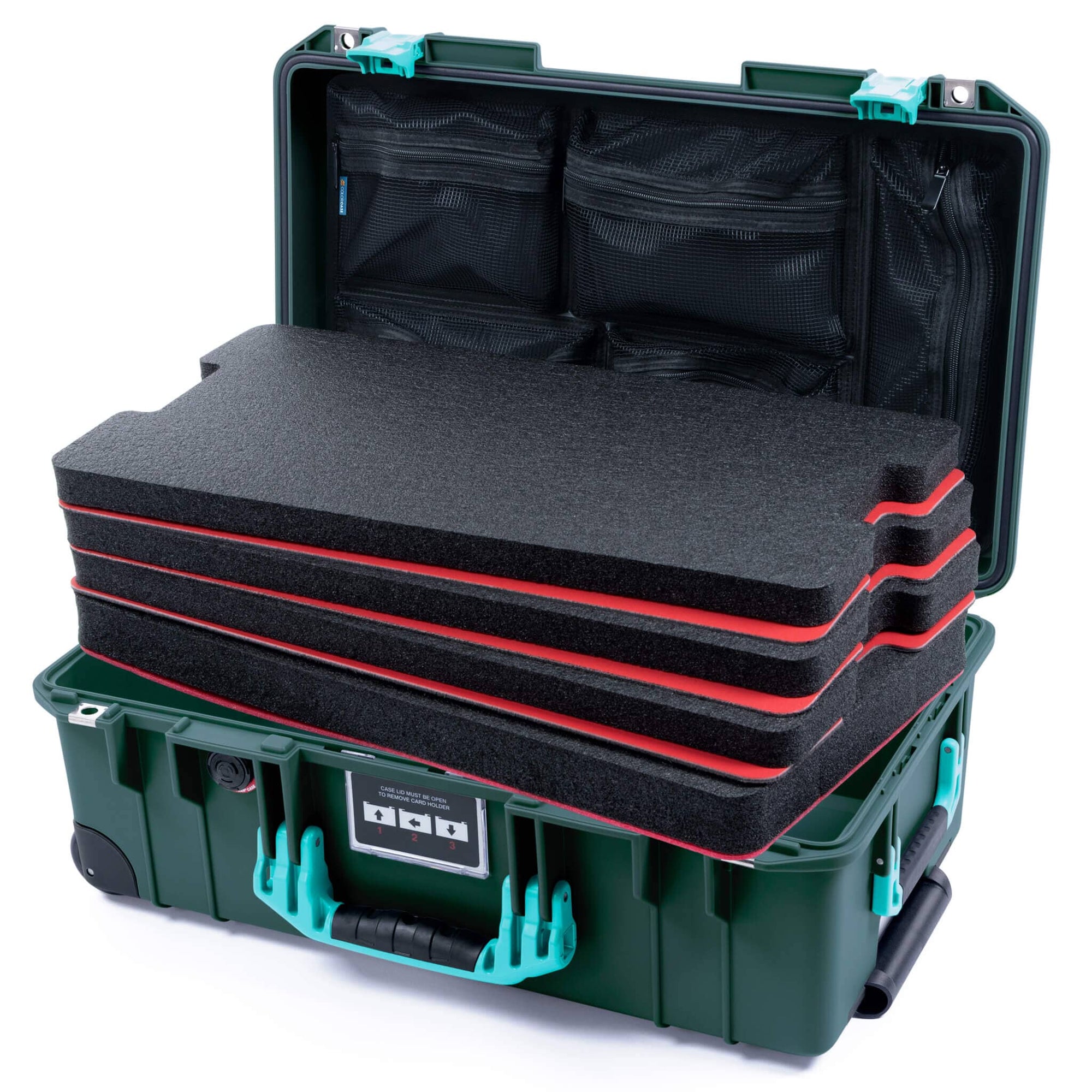 Pelican 1535 Air Case, Trekking Green with Teal Handles & Latches Custom Tool Kit (4 Foam Inserts with Mesh Lid Organizer) ColorCase 015350-0160-550-591
