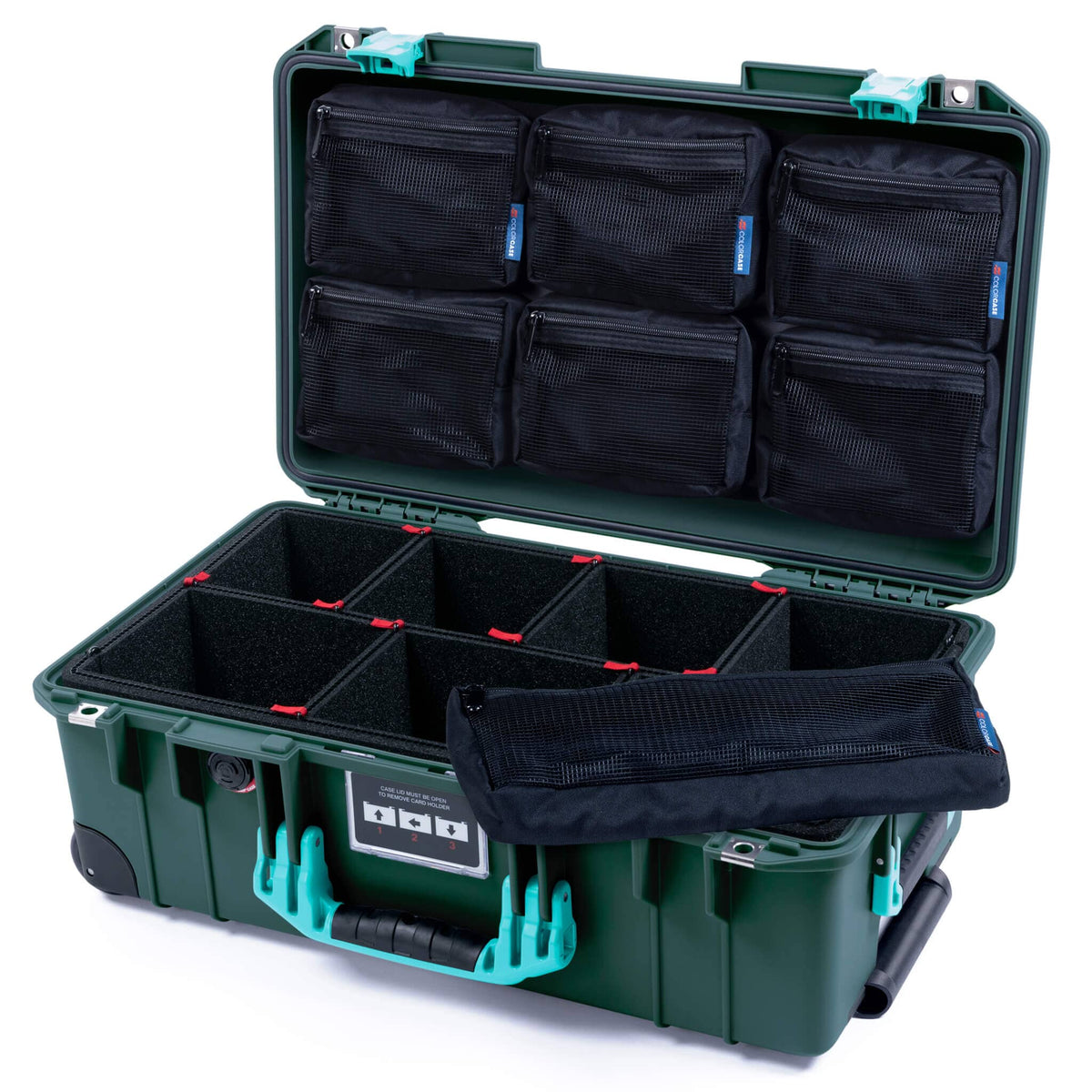 Pelican 1535 Air Case, Trekking Green with Teal Handles &amp; Latches TrekPak Divider System with 7-Piece Removable Mesh Pouches ColorCase 015350-0720-550-591