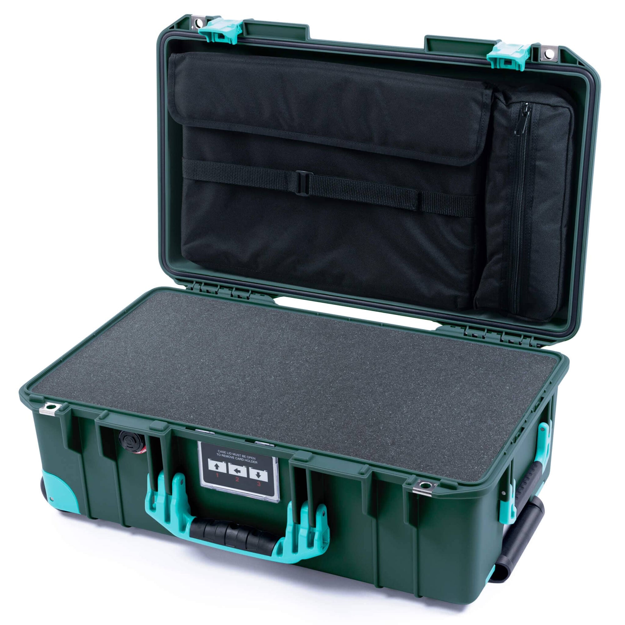 Pelican 1535 Air Case, Trekking Green with Teal Handles, Latches & Trolley Pick & Pluck Foam with Laptop Computer Lid Pouch ColorCase 015350-0201-550-591-590