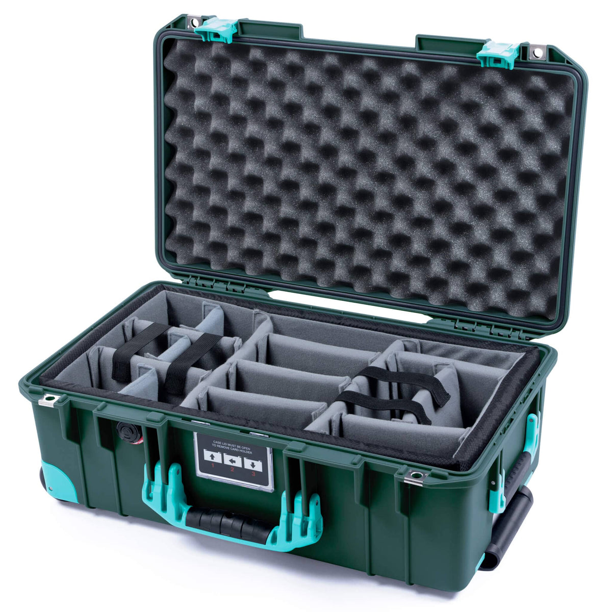 Pelican 1535 Air Case, Trekking Green with Teal Handles, Latches &amp; Trolley Gray Padded Microfiber Dividers with Convoluted Lid Foam ColorCase 015350-0070-550-591-590