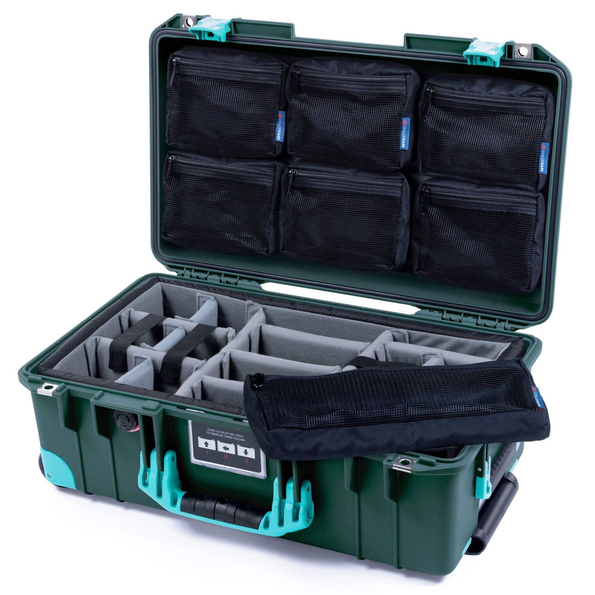 Pelican 1535 Air Case, Trekking Green with Teal Handles, Latches & Trolley Gray Padded Microfiber Dividers with 7-Piece Removable Mesh Pouches ColorCase 015350-0770-550-591-590