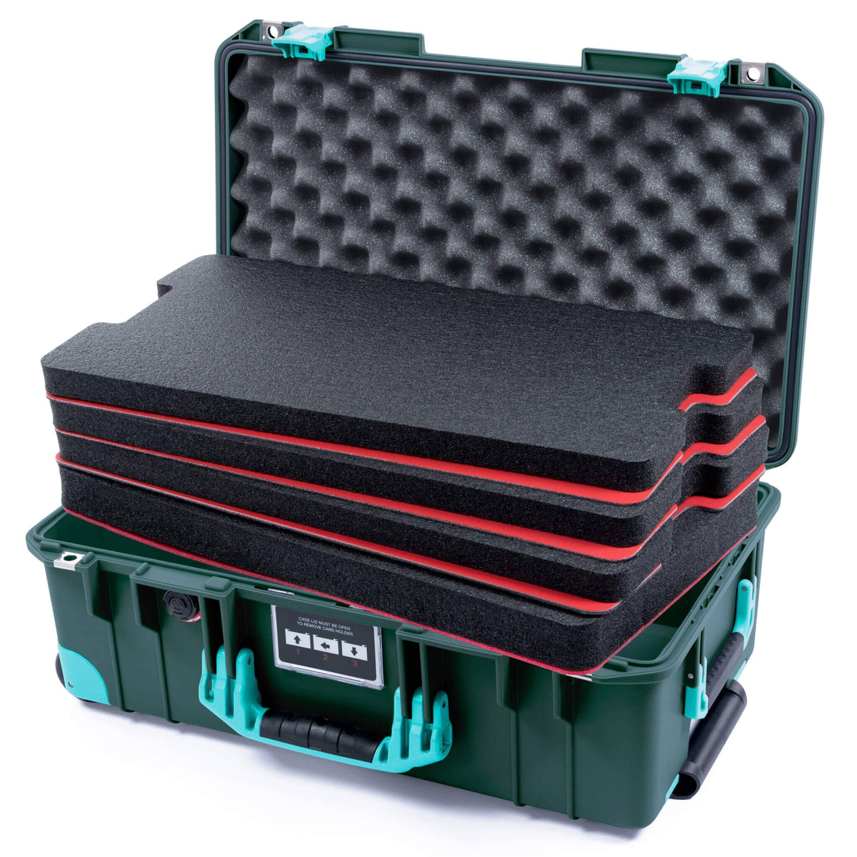 Pelican 1535 Air Case, Trekking Green with Teal Handles, Latches &amp; Trolley Custom Tool Kit (4 Foam Inserts with Convolute Lid Foam) ColorCase 015350-0060-550-591-590