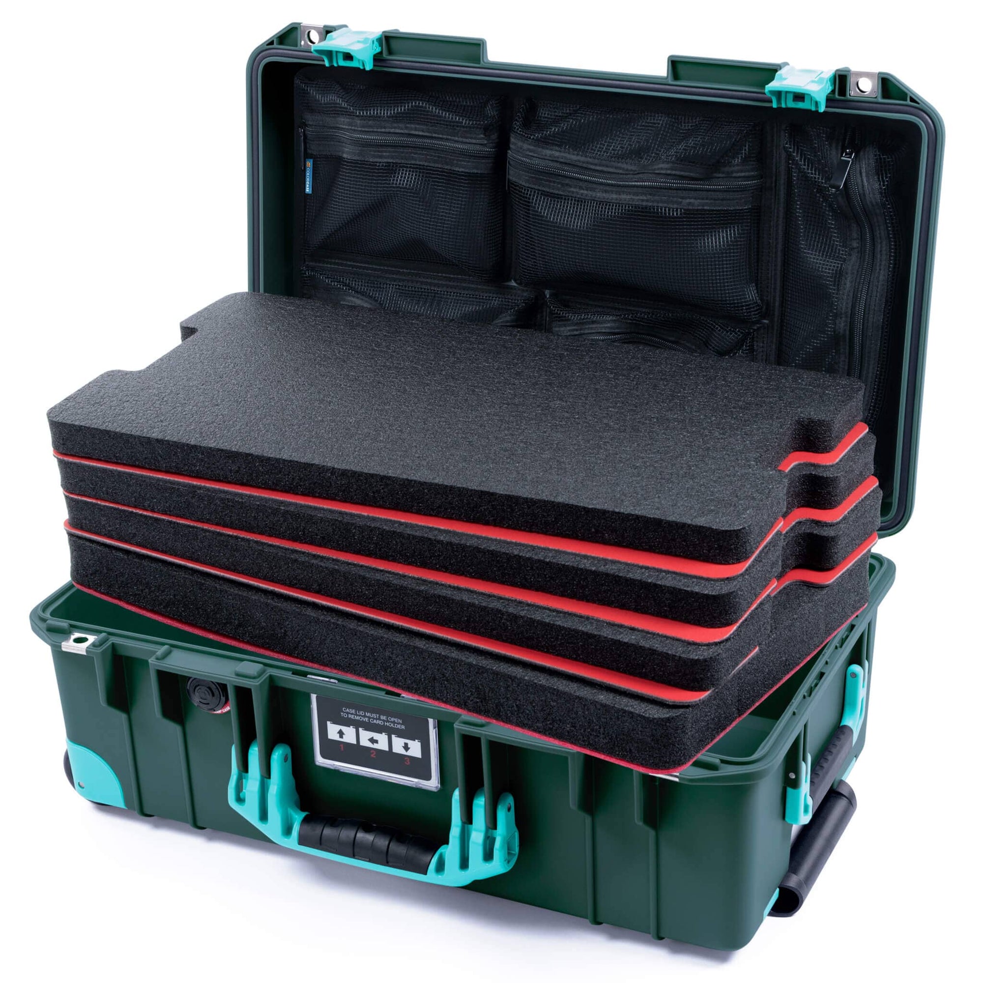 Pelican 1535 Air Case, Trekking Green with Teal Handles, Latches & Trolley Custom Tool Kit (4 Foam Inserts with Mesh Lid Organizer) ColorCase 015350-0160-550-591-590