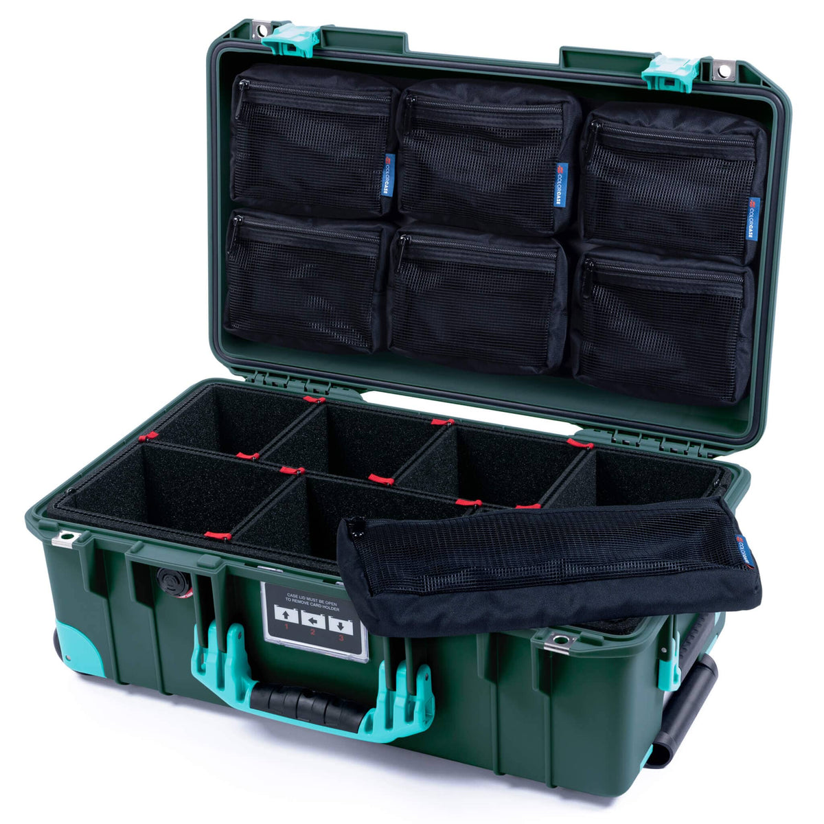 Pelican 1535 Air Case, Trekking Green with Teal Handles, Latches &amp; Trolley TrekPak Divider System with 7-Piece Removable Mesh Pouches ColorCase 015350-0720-550-591-590
