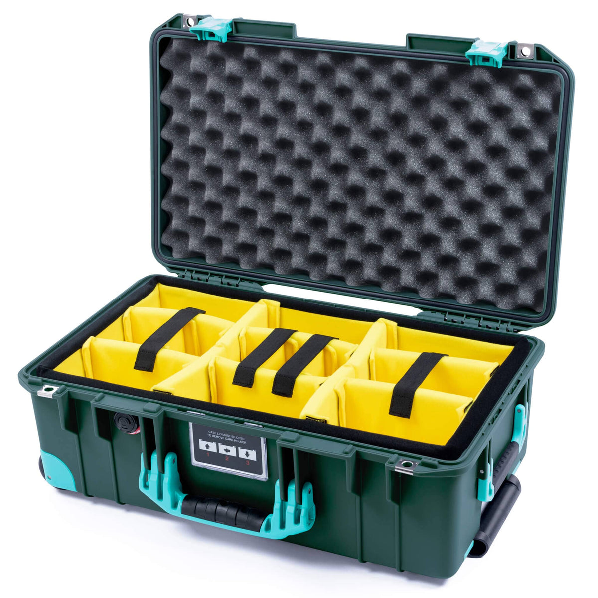 Pelican 1535 Air Case, Trekking Green with Teal Handles, Latches &amp; Trolley Yellow Padded Microfiber Dividers with Convoluted Lid Foam ColorCase 015350-0010-550-591-590