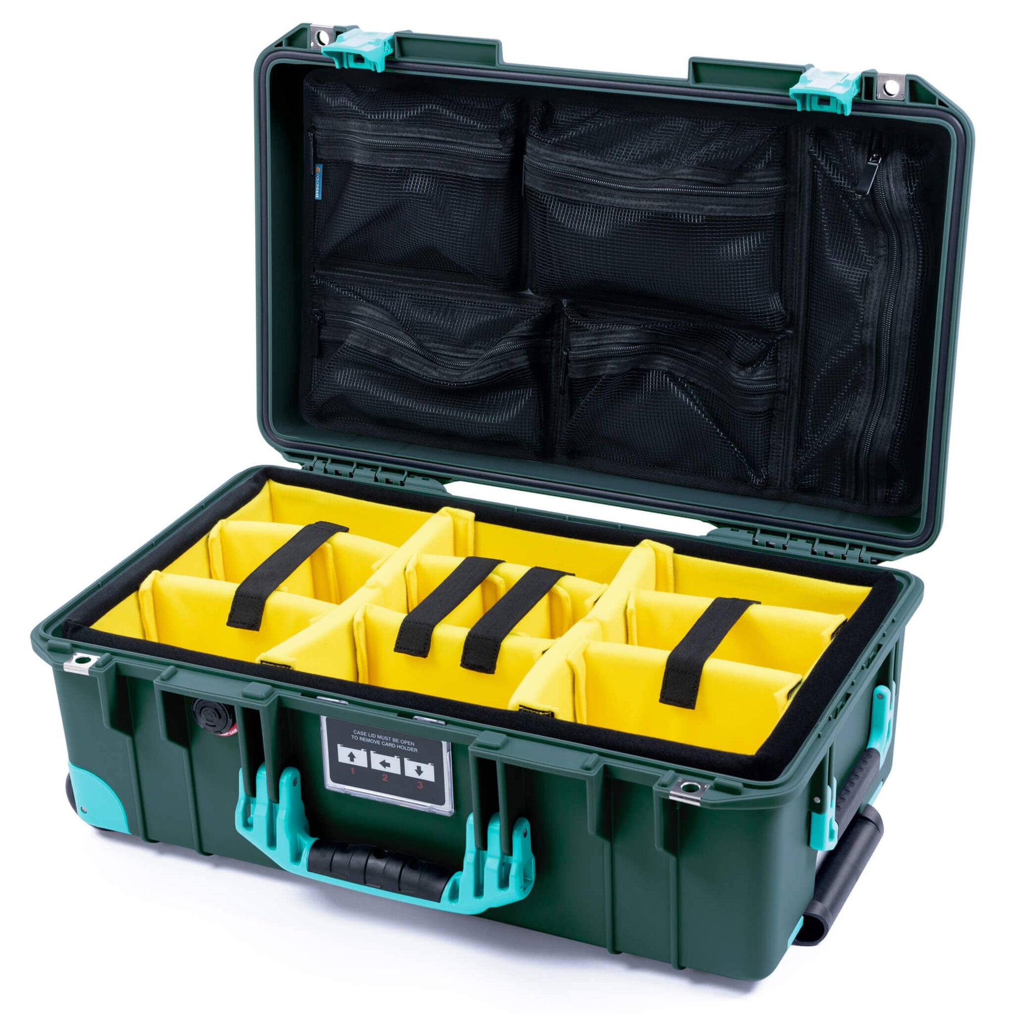 Pelican 1535 Air Case, Trekking Green with Teal Handles, Latches & Trolley Yellow Padded Microfiber Dividers with Mesh Lid Organizer ColorCase 015350-0110-550-591-590