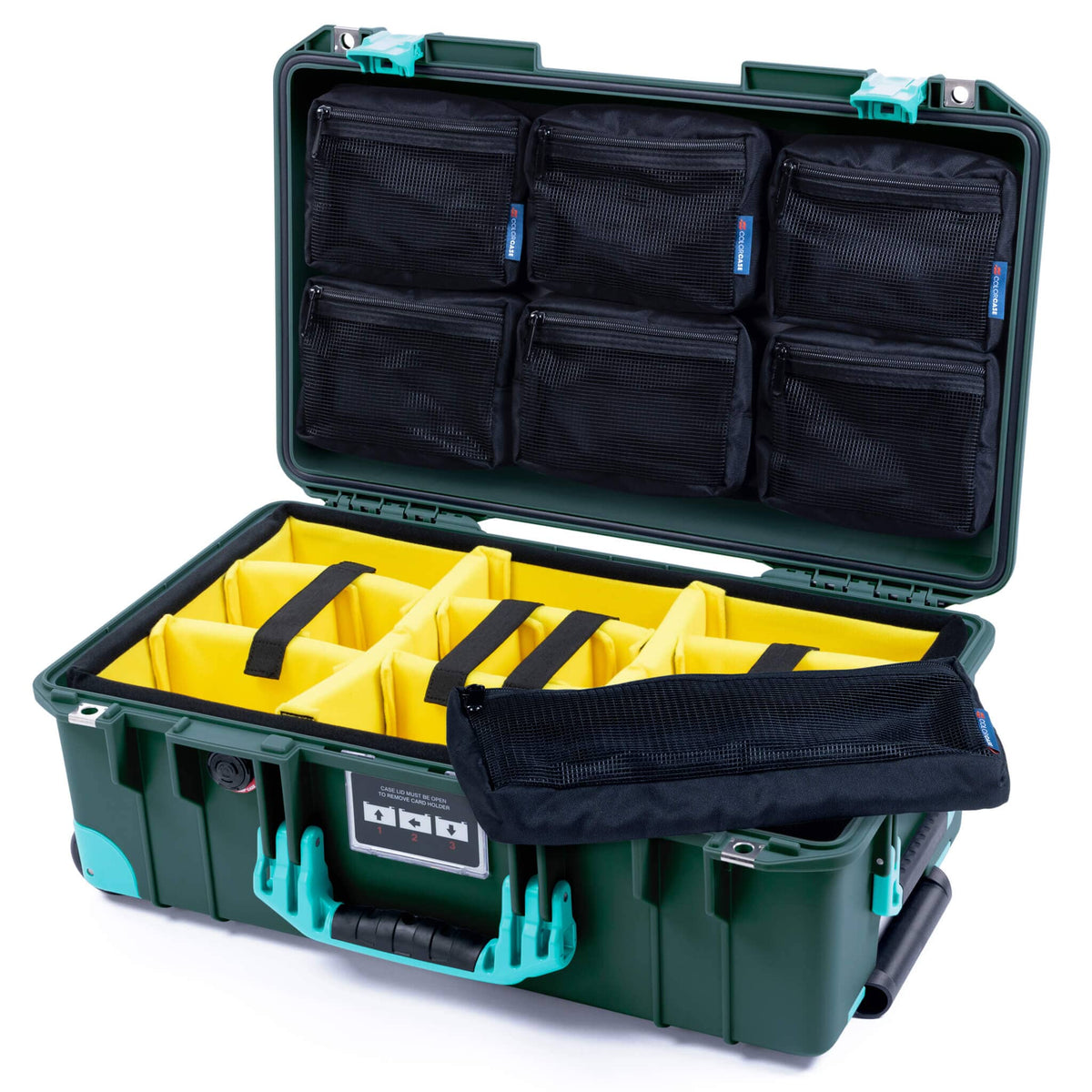 Pelican 1535 Air Case, Trekking Green with Teal Handles, Latches &amp; Trolley Yellow Padded Microfiber Dividers with 7-Piece Removable Mesh Pouches ColorCase 015350-0710-550-591-590