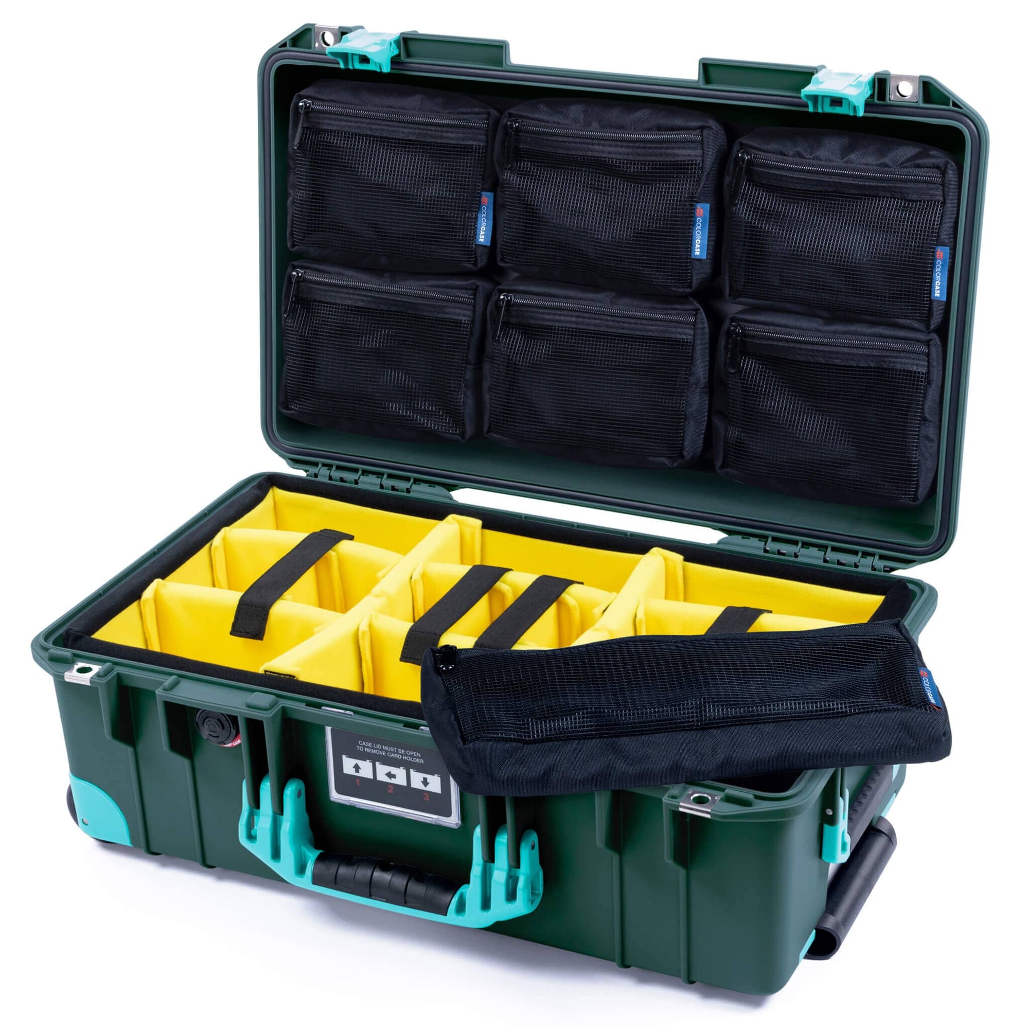 Pelican 1535 Air Case, Trekking Green with Teal Handles, Latches & Trolley Yellow Padded Microfiber Dividers with 7-Piece Removable Mesh Pouches ColorCase 015350-0710-550-591-590