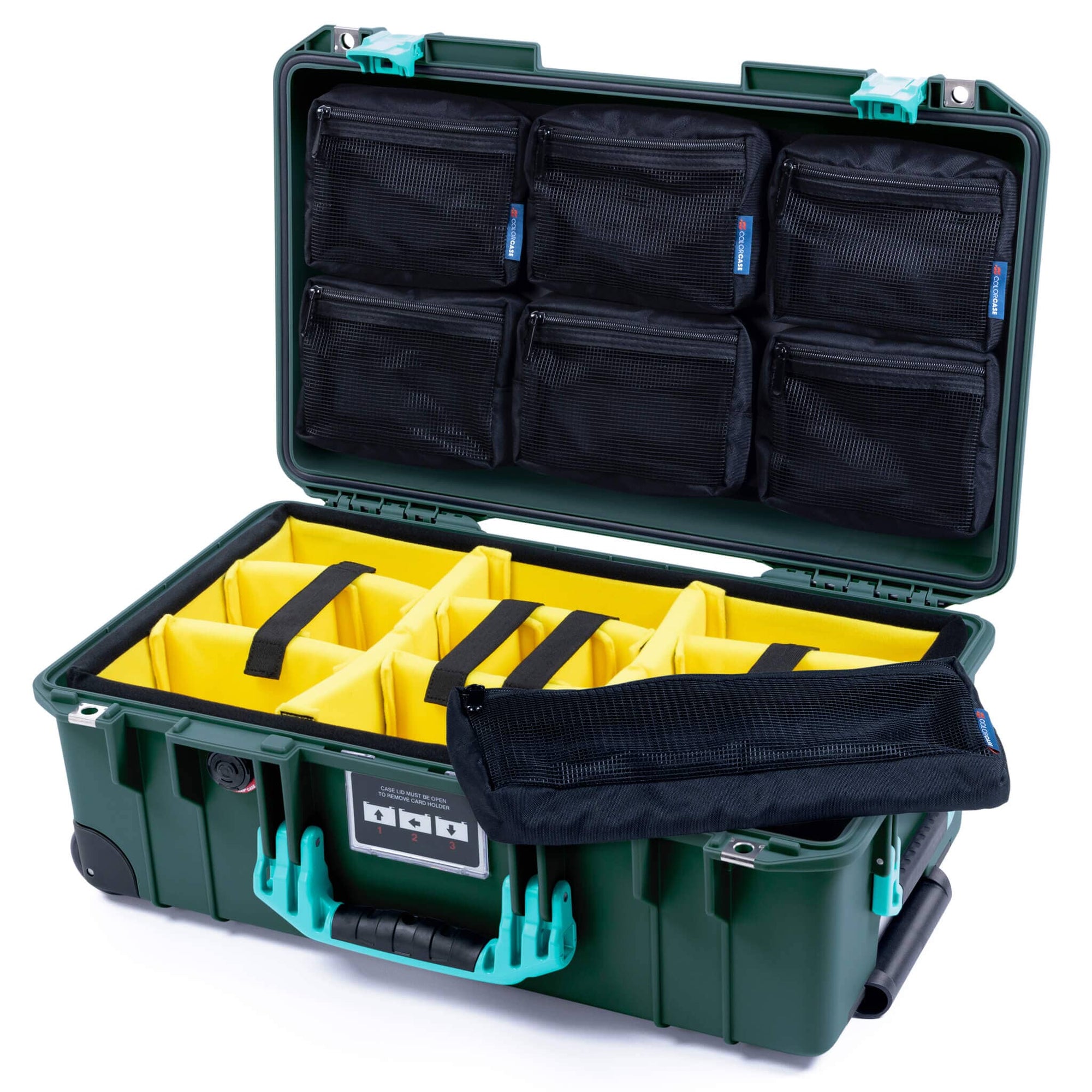Pelican 1535 Air Case, Trekking Green with Teal Handles & Latches Yellow Padded Microfiber Dividers with 7-Piece Removable Mesh Pouches ColorCase 015350-0710-550-591
