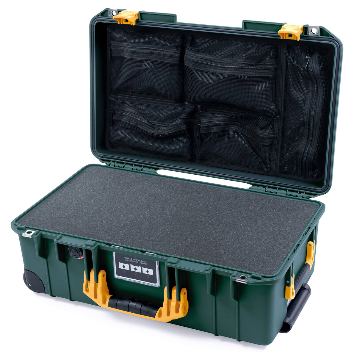 Pelican 1535 Air Case, Trekking Green with Yellow Handles &amp; Push-Button Latches Pick &amp; Pluck Foam with Mesh Lid Organizer ColorCase 015350-0101-138-240-110